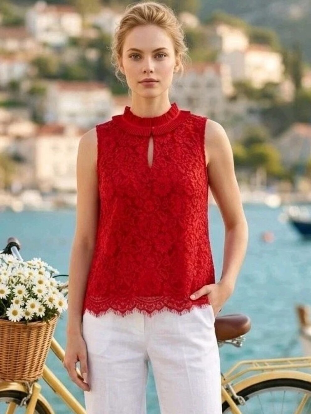 J. CREW Red Floral Lace Ruffle Neck Sleeveless Blouse | SZ TS